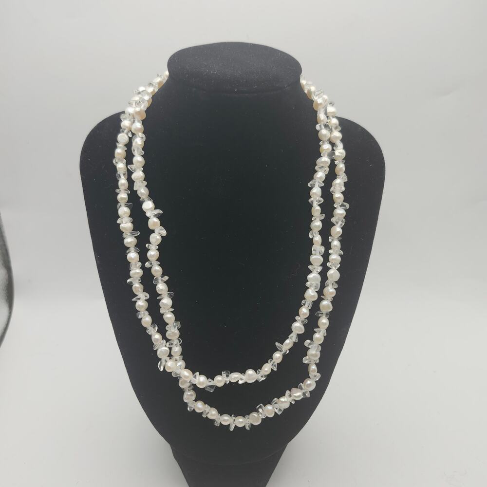 Real Cultured Pearl Clear Quartz Chip Bead Necklace 35in 925 Sterling Clasp